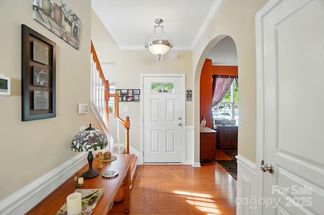 541 River Park Rd, Belmont, NC 28012 - foyer entrance featuring crown molding, wood finished floors, and arched walkways
