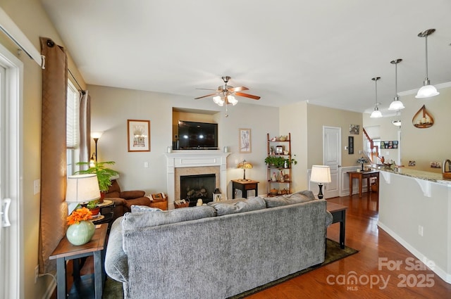 541 River Park Rd, Belmont, NC 28012 - living room featuring ceiling fan, dark wood-style floors, a fireplace, and ornamental molding