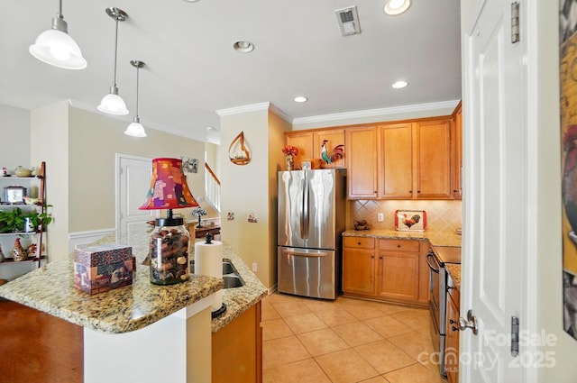 541 River Park Rd, Belmont, NC 28012 - kitchen featuring appliances with stainless steel finishes, crown molding, decorative backsplash, pendant lighting, and light stone countertops