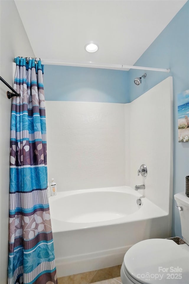 541 River Park Rd, Belmont, NC 28012 - bathroom featuring toilet, shower / bath combination with curtain, tile patterned flooring, and recessed lighting