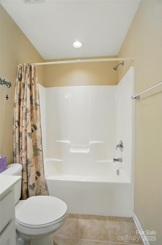 541 River Park Rd, Belmont, NC 28012 - bathroom featuring toilet, shower / bath combo with shower curtain, tile patterned floors, vanity, and recessed lighting