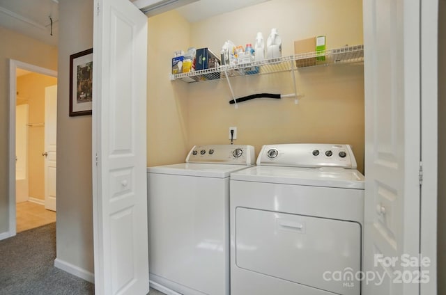 541 River Park Rd, Belmont, NC 28012 - laundry area with washing machine and dryer, carpet floors, and baseboards
