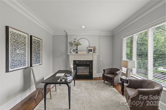 9831 Sedgefield Dr, Waxhaw, NC 28173 - office with wood finished floors, a fireplace, crown molding, baseboards, and recessed lighting