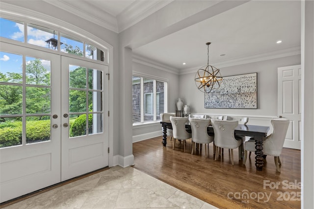 9831 Sedgefield Dr, Waxhaw, NC 28173 - dining room with a chandelier, french doors, crown molding, recessed lighting, and baseboards
