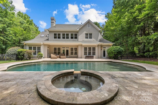 9831 Sedgefield Dr, Waxhaw, NC 28173 - rear view of property with stucco siding, a patio, a chimney, an outdoor living space, and a shingled roof