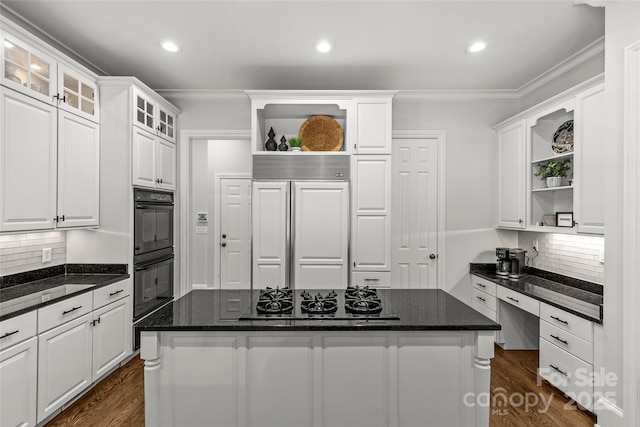 9831 Sedgefield Dr, Waxhaw, NC 28173 - kitchen with open shelves, black appliances, dark wood-style flooring, white cabinetry, and ornamental molding