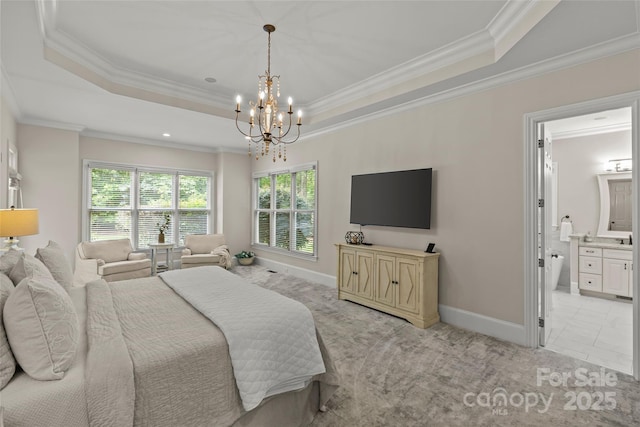 9831 Sedgefield Dr, Waxhaw, NC 28173 - bedroom featuring a chandelier, a tray ceiling, ornamental molding, baseboards, and ensuite bathroom