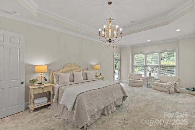 9831 Sedgefield Dr, Waxhaw, NC 28173 - carpeted bedroom with a chandelier, a tray ceiling, ornamental molding, baseboards, and recessed lighting