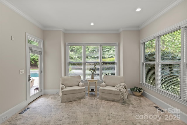 9831 Sedgefield Dr, Waxhaw, NC 28173 - sitting room featuring plenty of natural light, carpet flooring, baseboards, recessed lighting, and ornamental molding