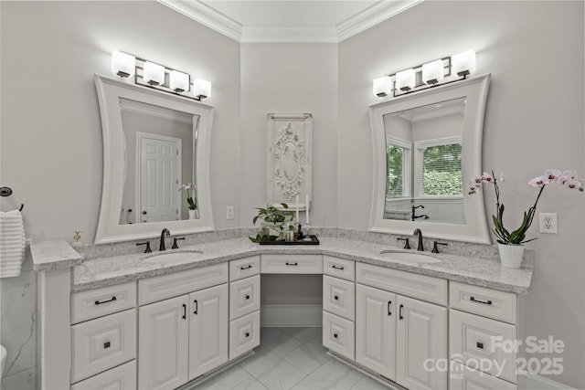 9831 Sedgefield Dr, Waxhaw, NC 28173 - bathroom with marble look tile flooring, vanity, and ornamental molding