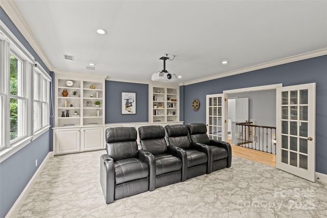 9831 Sedgefield Dr, Waxhaw, NC 28173 - cinema room featuring french doors, baseboards, crown molding, built in features, and recessed lighting