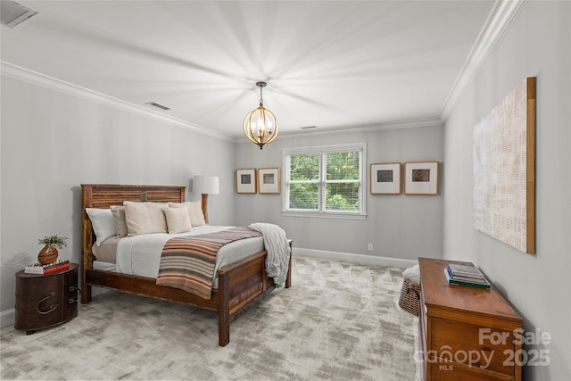 9831 Sedgefield Dr, Waxhaw, NC 28173 - carpeted bedroom with ornamental molding, baseboards, and a chandelier