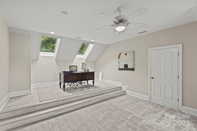 9831 Sedgefield Dr, Waxhaw, NC 28173 - office featuring a skylight, baseboards, ceiling fan, wood finished floors, and recessed lighting