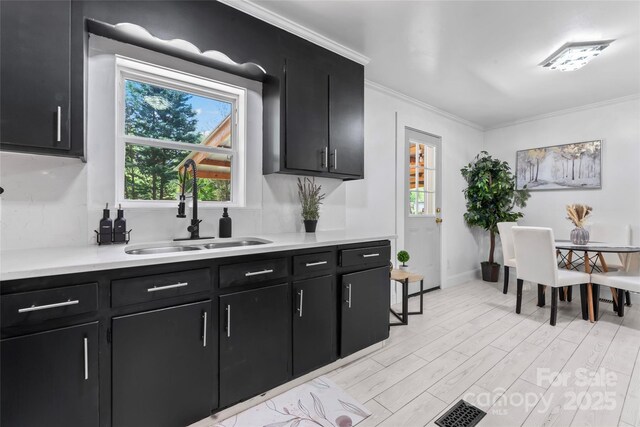 2401 Woodleaf Dr, Gastonia, NC 28052 - kitchen with dark cabinets, a sink, healthy amount of natural light, and ornamental molding