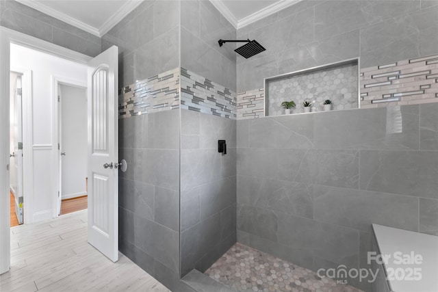 2401 Woodleaf Dr, Gastonia, NC 28052 - full bathroom featuring ornamental molding, a walk in shower, and wood finished floors