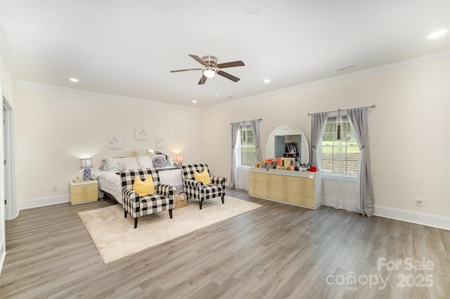 131 Swink St SW, Concord, NC 28027 - bedroom with light wood-style floors, baseboards, recessed lighting, crown molding, and a ceiling fan