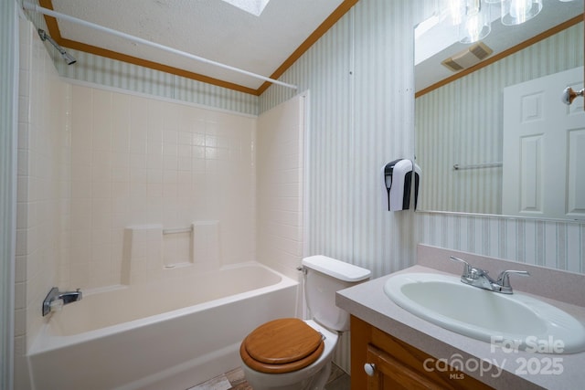 3823 Silver Creek Ter, Morganton, NC 28655 - bathroom with wallpapered walls, crown molding, toilet, shower / tub combination, and vanity
