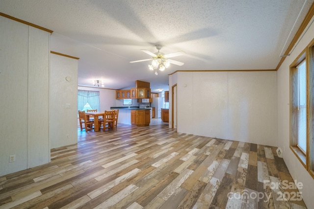 3823 Silver Creek Ter, Morganton, NC 28655 - unfurnished living room with light wood-type flooring, a textured ceiling, ceiling fan, and ornamental molding