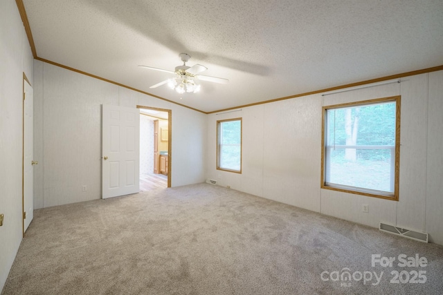 3823 Silver Creek Ter, Morganton, NC 28655 - unfurnished room featuring ornamental molding, carpet floors, a ceiling fan, a textured ceiling, and lofted ceiling
