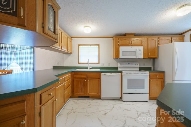 3823 Silver Creek Ter, Morganton, NC 28655 - kitchen featuring white appliances, a sink, a textured ceiling, dark countertops, and light marble finish flooring