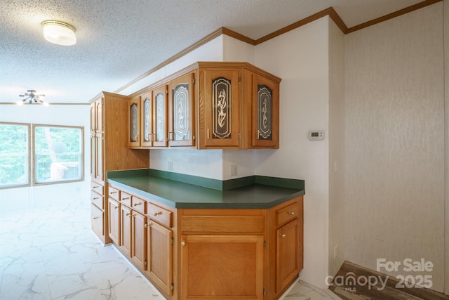 3823 Silver Creek Ter, Morganton, NC 28655 - kitchen featuring ornamental molding, light marble finish floors, dark countertops, brown cabinets, and a textured ceiling