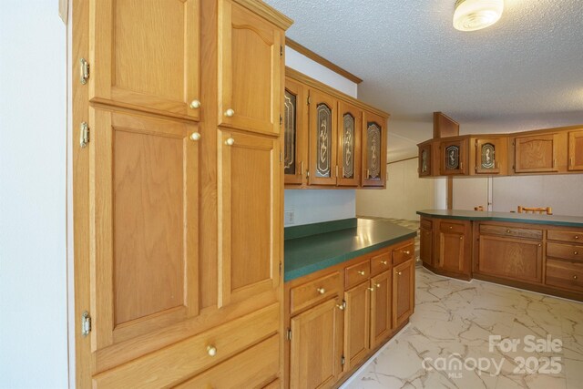 3823 Silver Creek Ter, Morganton, NC 28655 - kitchen with light marble finish flooring, a textured ceiling, glass insert cabinets, brown cabinets, and dark countertops