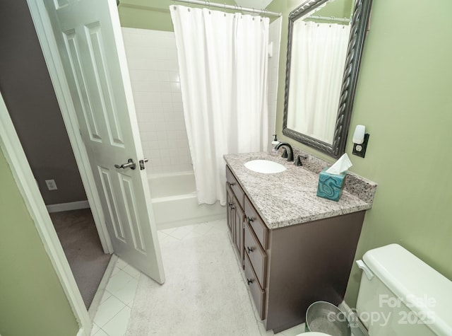 full bath featuring vanity, toilet, shower / bathtub combination with curtain, and tile patterned flooring
