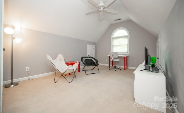 game room featuring vaulted ceiling, a ceiling fan, light carpet, and baseboards