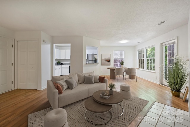 6016 Gray Gate Ln Unit C, Charlotte, NC 28210 - living area featuring light wood-style floors, healthy amount of natural light, baseboards, and a textured ceiling