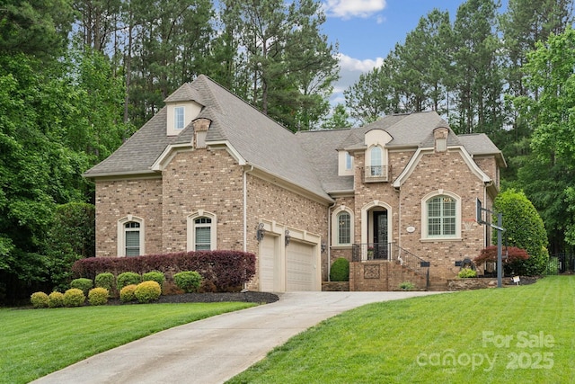 309 Palm Cove Way, York, SC 29745 - french country home featuring a front yard, driveway, roof with shingles, and brick siding