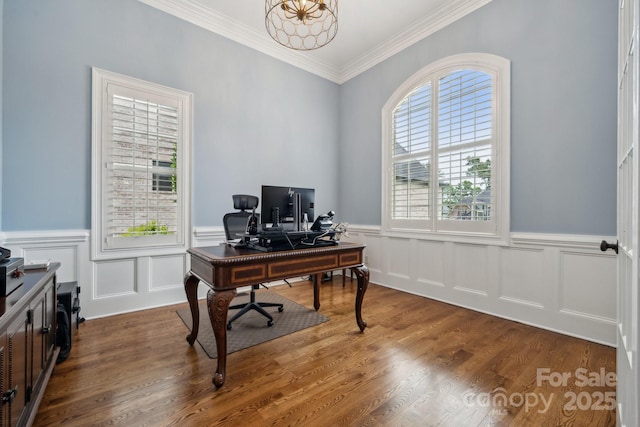 309 Palm Cove Way, York, SC 29745 - office space with ornamental molding, wainscoting, wood finished floors, and a decorative wall