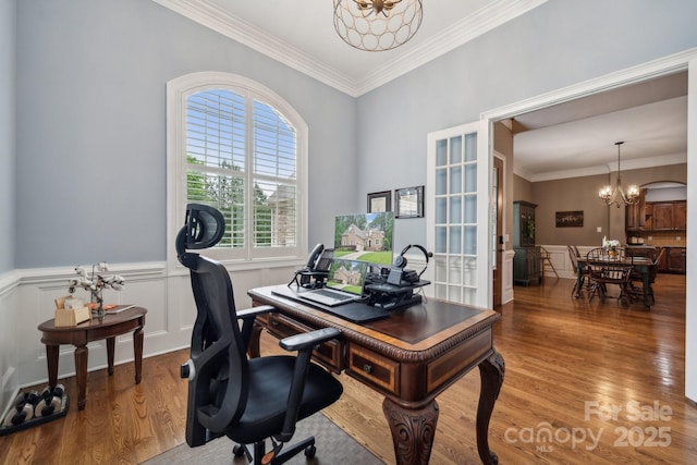 309 Palm Cove Way, York, SC 29745 - office space featuring a chandelier, wood finished floors, crown molding, wainscoting, and french doors