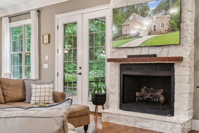 309 Palm Cove Way, York, SC 29745 - living room featuring a fireplace, wood finished floors, and french doors
