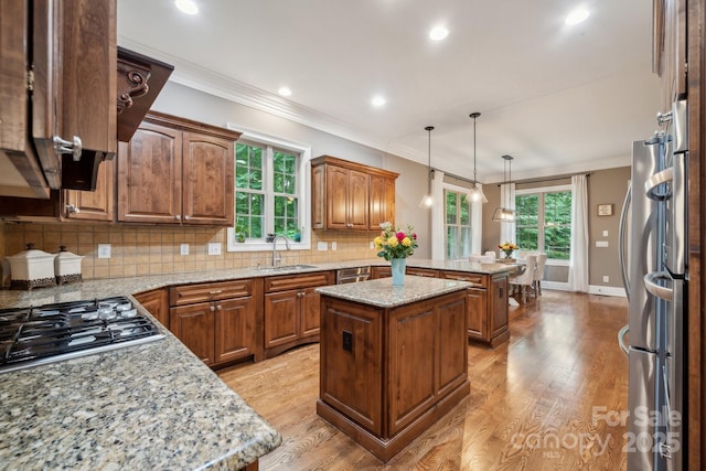 309 Palm Cove Way, York, SC 29745 - kitchen with a sink, appliances with stainless steel finishes, crown molding, a peninsula, and backsplash