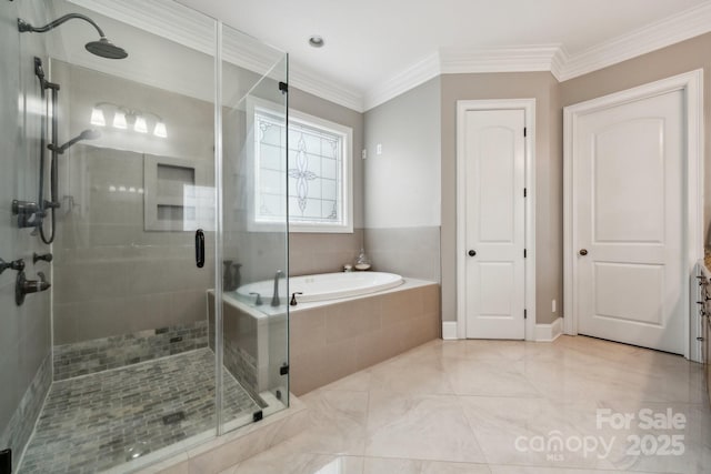 309 Palm Cove Way, York, SC 29745 - bathroom with a garden tub, a stall shower, ornamental molding, and marble finish flooring
