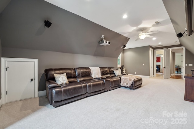 309 Palm Cove Way, York, SC 29745 - home theater room featuring light colored carpet, ceiling fan, vaulted ceiling, recessed lighting, and baseboards