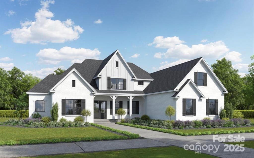 04 Lurecliff Pl, Fort Mill, SC 29708 - modern farmhouse with board and batten siding, a front yard, a porch, and brick siding