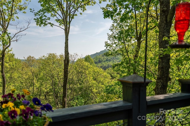 view of mountain background featuring a heavily wooded area