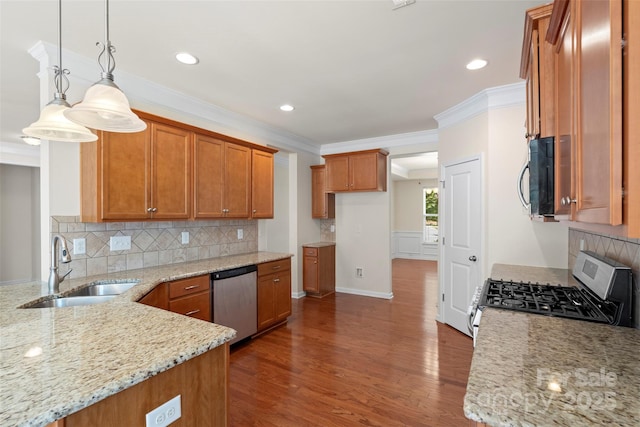 9230 Loch Glen Way, Charlotte, NC 28278 - kitchen with a sink, stainless steel appliances, brown cabinets, light stone counters, and ornamental molding