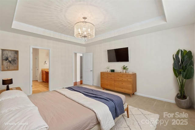 9230 Loch Glen Way, Charlotte, NC 28278 - bedroom with a tray ceiling, a chandelier, baseboards, ornamental molding, and ensuite bathroom