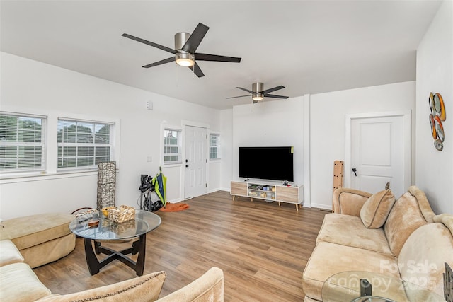 417 S Broad St, Gastonia, NC 28052 - living room with ceiling fan, wood finished floors, and baseboards