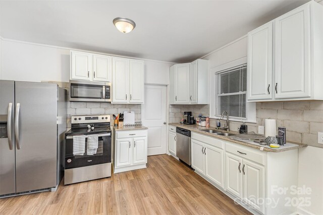 417 S Broad St, Gastonia, NC 28052 - kitchen featuring appliances with stainless steel finishes, a sink, backsplash, and white cabinets