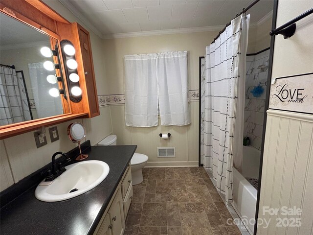 2009 Hickory Grove Rd, Gastonia, NC 28056 - bathroom with crown molding, vanity, stone finish flooring, toilet, and shower / bathtub combination with curtain