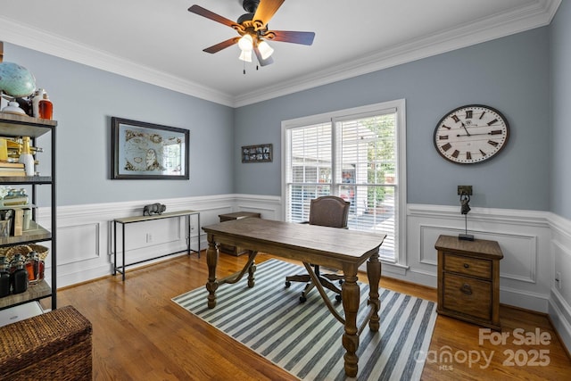327 Wilby Dr, Charlotte, NC 28270 - office space with a ceiling fan, wood finished floors, wainscoting, and crown molding