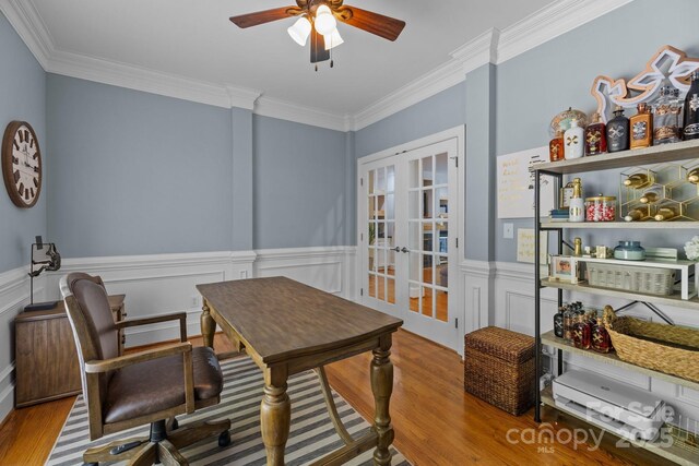 327 Wilby Dr, Charlotte, NC 28270 - office space with wood finished floors, crown molding, french doors, ceiling fan, and wainscoting