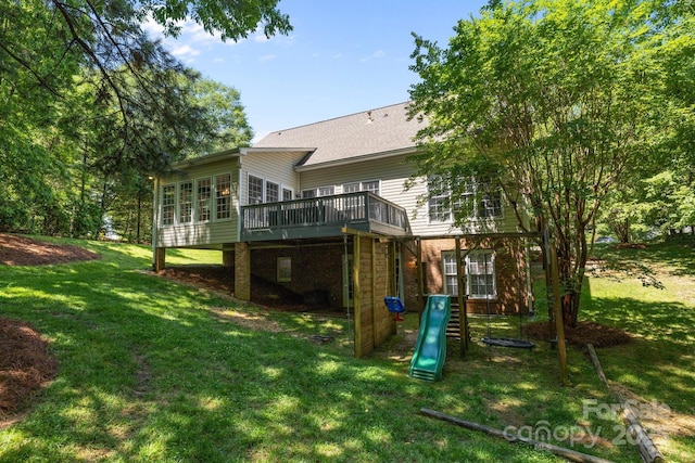 327 Wilby Dr, Charlotte, NC 28270 - view of grassy yard with a deck and a playground