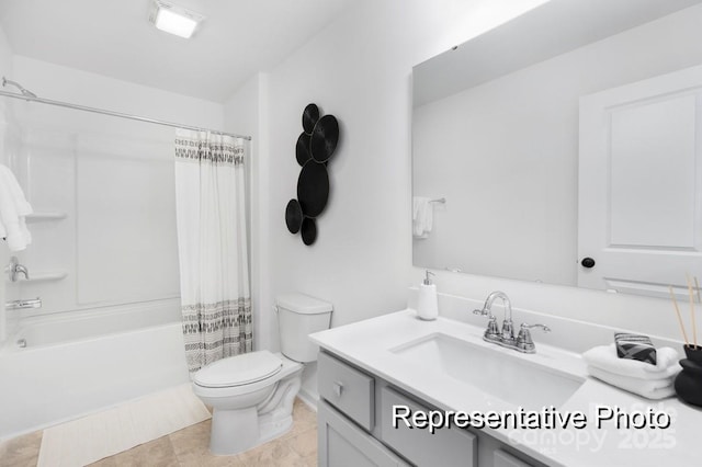 bathroom with toilet, vanity, and shower / tub combo with curtain