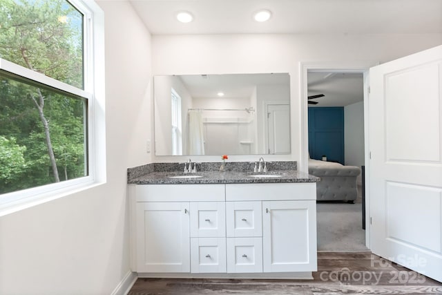 7308 Rothmore St, Charlotte, NC 28215 - ensuite bathroom with plenty of natural light, wood finished floors, double vanity, a shower with shower curtain, and recessed lighting