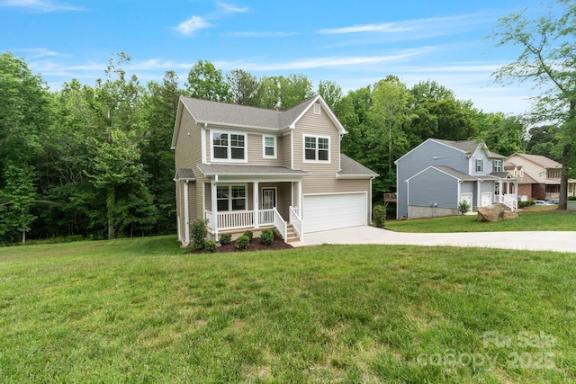 7308 Rothmore St, Charlotte, NC 28215 - traditional-style house featuring covered porch, concrete driveway, a front lawn, and an attached garage
