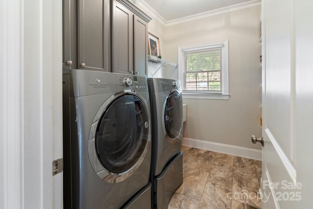 9433 Wallace Pond Dr, Huntersville, NC 28078 - laundry room with washing machine and dryer, crown molding, cabinet space, and baseboards